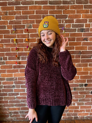 Rust- Waffle Knit Peace Sign Beanie Hat