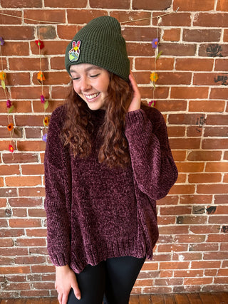 Olive- Waffle Knit Peace Beanie Hat