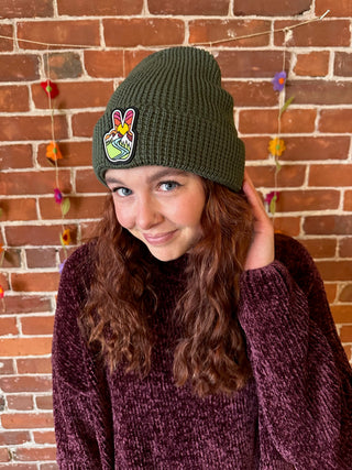 Olive- Waffle Knit Peace Beanie Hat