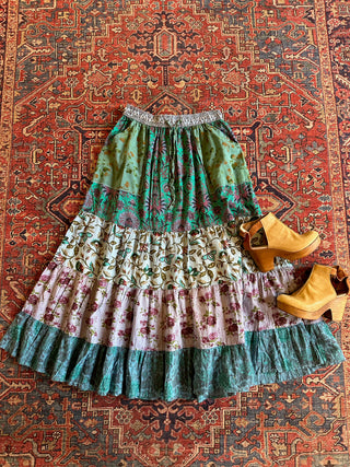 Blue Earth Tones Penelope Patchwork Skirt with Pockets