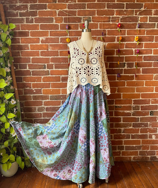 Blues - Yoga Waistband Patchwork Boho Festival Skirt / Dress