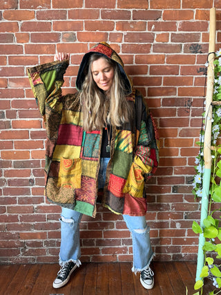 Oversized Juniper Fireside Patchwork Hoodie - Earthy Clay/Greens/Rust