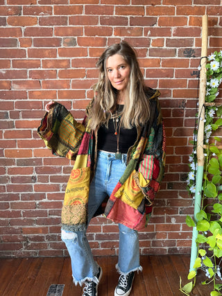 Oversized Juniper Fireside Patchwork Hoodie - Earthy Clay/Greens/Rust