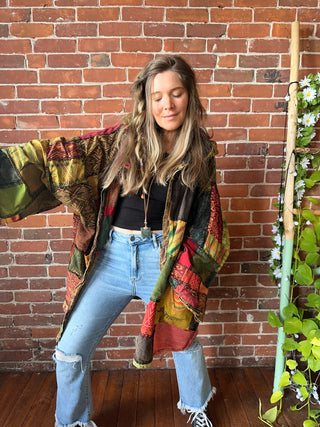 Oversized Juniper Fireside Patchwork Hoodie - Earthy Clay/Greens/Rust