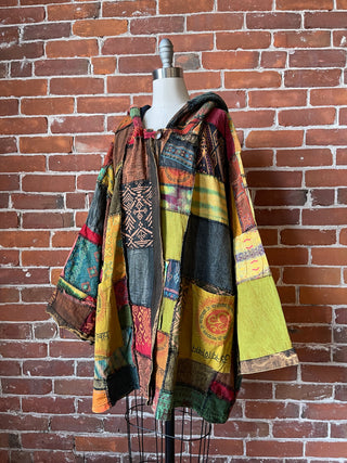 Oversized Juniper Fireside Patchwork Hoodie - Earthy Clay/Greens/Rust