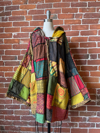 Oversized Juniper Fireside Patchwork Hoodie - Earthy Clay/Greens/Rust