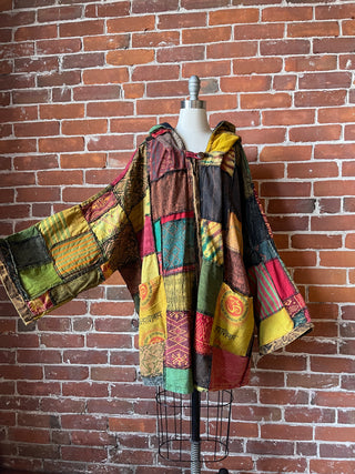 Oversized Juniper Fireside Patchwork Hoodie - Earthy Clay/Greens/Rust