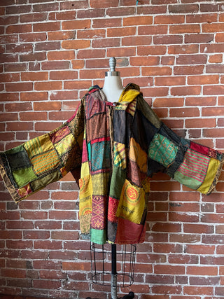 Oversized Juniper Fireside Patchwork Hoodie - Earthy Clay/Greens/Rust