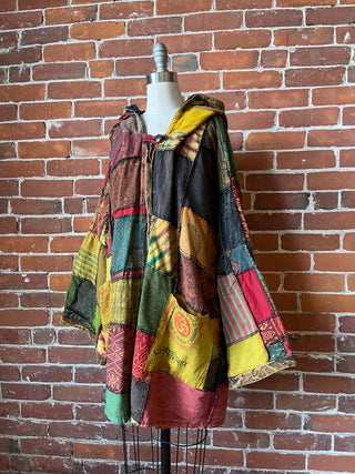 Oversized Juniper Fireside Patchwork Hoodie - Earthy Clay/Greens/Rust