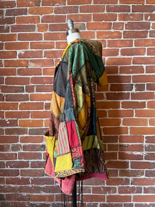 Oversized Juniper Fireside Patchwork Hoodie - Earthy Clay/Greens/Rust