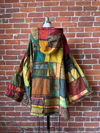 Oversized Juniper Fireside Patchwork Hoodie - Earthy Clay/Greens/Rust