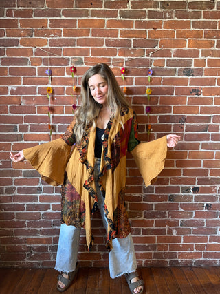 Earth Goddess Bell Sleeve Embroidered Patchwork Kimono Jacket Small-3X