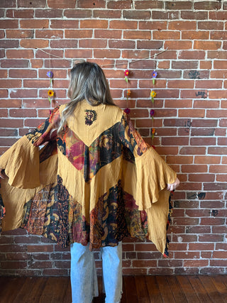 Earth Goddess Bell Sleeve Embroidered Patchwork Kimono Jacket Small-3X