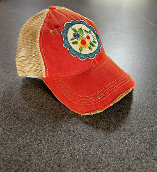 Boho Flower Patch Hat -Faded Red Color