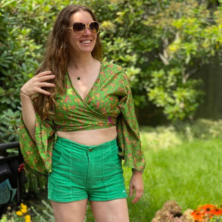 Size 0-4 Upcycled Sari Cropped Bell Sleeve Wrap Top