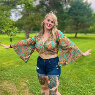 Size 0-4 Upcycled Sari Cropped Bell Sleeve Wrap Top