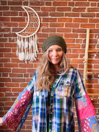 Olive Waffle Knit Slouchy Beanie Hat
