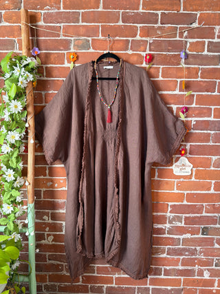 100% Linen Fringe Detail Long Kimono Robe - Made In Italy - Multiple Colors Available