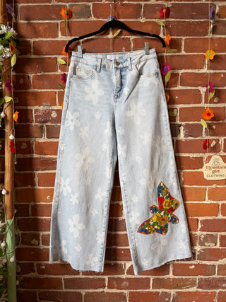 OOAK Summer Collection- Patchwork Butterfly Upcycled Cropped Wide Leg Daisy Print Jeans Size 7/28