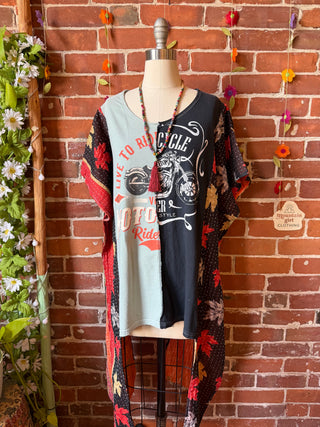 OOAK Summer Collection- Upcycled Motorcycle Kantha Poncho Hi Lo Tee