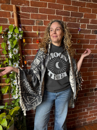 Gray Sky Fringe Cocoon Shawl Reversible Kimono - 100% Cotton