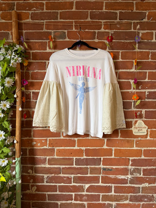 OOAK Autumn Collection- Upcycled Nirvana Inspired Eyelet Lace Bell Sleeve Tee - Size Small
