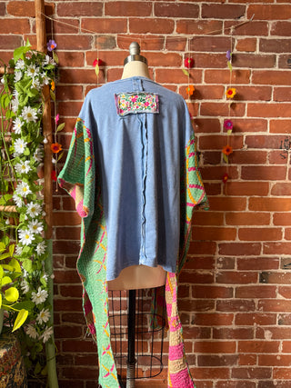 OOAK Autumn Collection - Upcycled Flower Patchwork Hi Lo Kantha Poncho Top 🌼