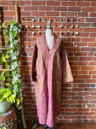 Gold + Dark Mauve Mandala Long Tapestry Robe Kimono with Pockets and Belt - Fair Trade Made