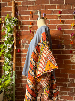 OOAK Summer Collection- Upcycled Led Zeppelin Inspired Vintage Butterfly Patch Hi Lo Kantha Poncho Tee