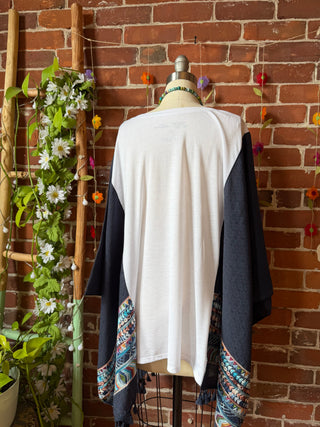 Upcycled Rolling Stones Inspired Navy Embroidered Poncho Tassel Top
