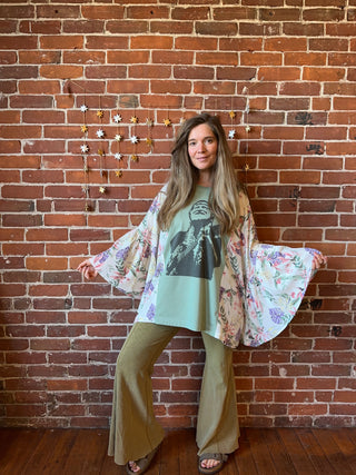 Willie Nelson Inspired Botanical Flowy Bell Sleeve Top