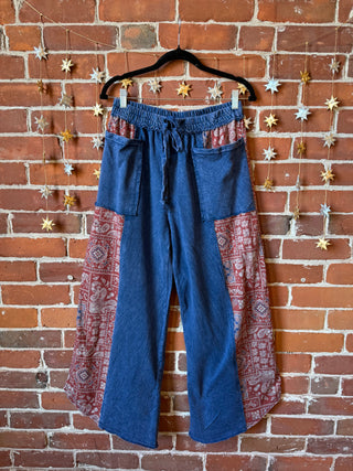 Bohemian Autumn Days Bandana Patchwork Print Lounge Pants - Blue