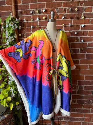 OOAK Autumn Collection - Upcycled Grateful Dead Dancing Bears Inspired Poncho Wearable Blanket