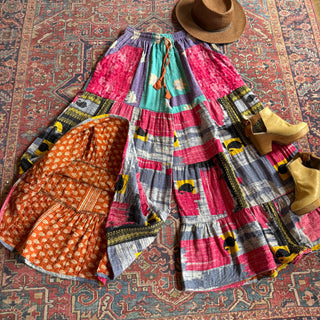 Spring Blooms Reversible Kantha Wide Leg Tiered Palazzo Pants