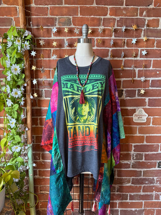 OOAK Winter Collection- Upcycled Silk Patchwork Tie Dye Bob Marley Inspired Hi Lo Poncho Top