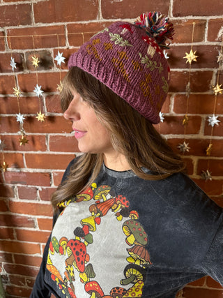 Magic Mushroom Embroidered Wool Pom Pom Beanie Hat