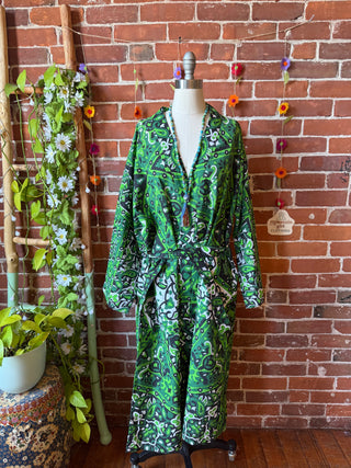 Grateful Dead Inspired Upcycled Green Mandala Long Tapestry Robe Kimono with Pockets and Belt