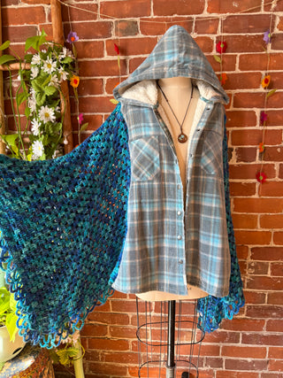 OOAK Autumn Collection- Upcycled Crochet + Fleece Plaid Hoodie Poncho Jacket