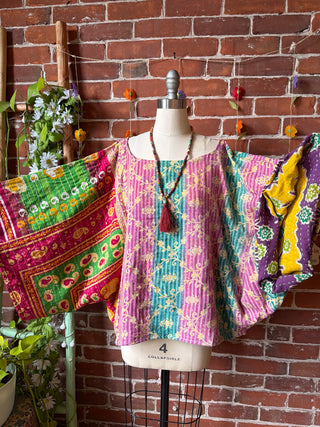OOAK Spring Collection - Reversible Cosmic Drift Kantha Poncho Top - 2 Tops in 1!