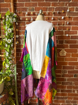 OOAK Winter Collection- Upcycled Silk Patchwork Tie Dye Fleetwood Mac Inspired Hi Lo Poncho Top