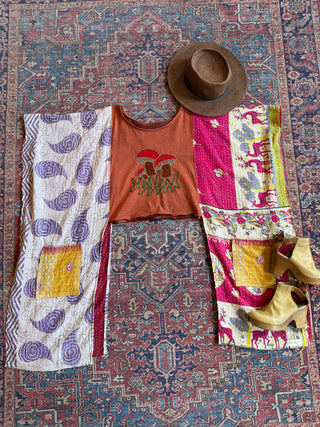 Upcycled Front Pockets Embroidered Butterfly Hi Lo Kantha Poncho Top