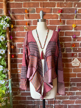 Moon Catcher Patchwork Knit Bell Sleeve Cropped Wrap Sweater - 100% Cotton - Fair Trade Made