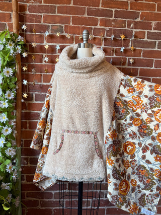 OOAK Winter Collection - Upcycled Sherpa Fleece Vintage Flower Fabric Poncho Sweater