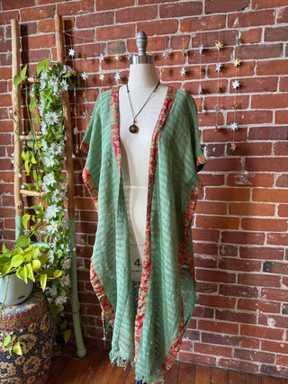 100% Cotton Aqua Green Woven Fringe Kimono Robe