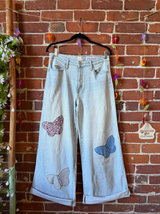 OOAK Autumn Collection- Patchwork Butterfly Upcycled Wide Leg Jeans Size 8/29R