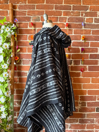 Black/White Brushed Woven 100% Cotton Hooded Poncho