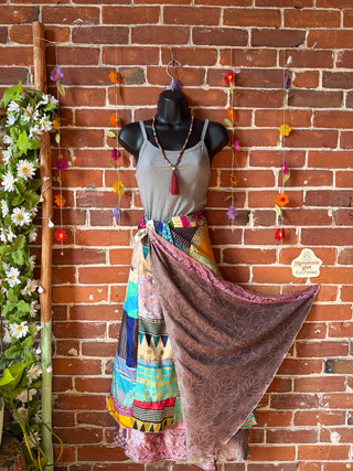 Reversible Upcycled Sari Silky Patchwork Wrap Skirt - Fair Trade Made