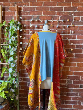 OOAK Autumn Collection- Upcycled Sunshine Flower Kantha Hi Lo Poncho Tee