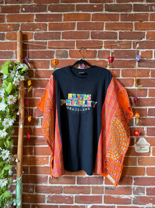 OOAK Autumn Collection- Upcycled Elvis Presley Inspired Tapestry + Plaid Poncho Tee