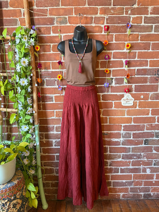 Burgundy 100% Cotton Gauze Wide Leg Palazzo Pants